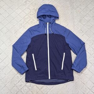 J. Crew Jacket Mens M Blue Colorblock Hooded Cotton Nylon Full Zip Coastal